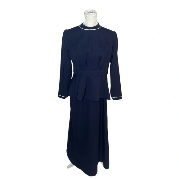 Elegant women navy blue two piece skirt set size 42EU new long - Picture 3 of 7